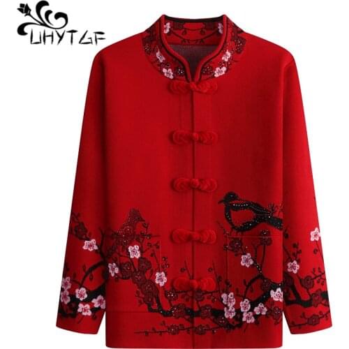 UHYTGF Middle-Aged Elderly Women Spring Autumn Sweater Jacket Embroidery Knitted Cardigan Female Coat 4XL Plus Size Sweater 1750