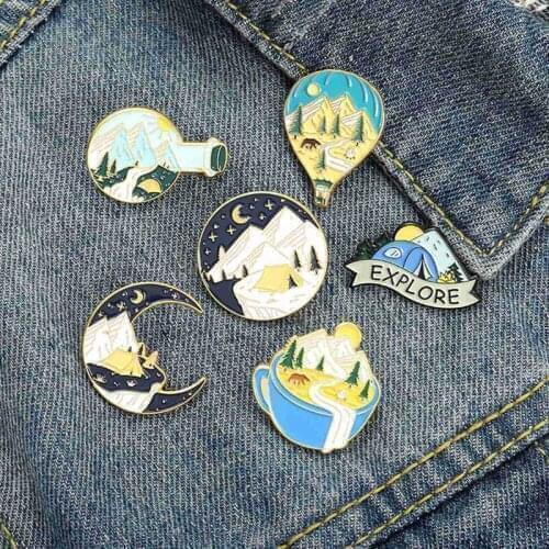 Creative Outdoor Scenery Mountain Peak Woods River Tent Enamel Pins Sun Moon Cup Bottle Hot Air Balloon Alloy Brooch Jewelry