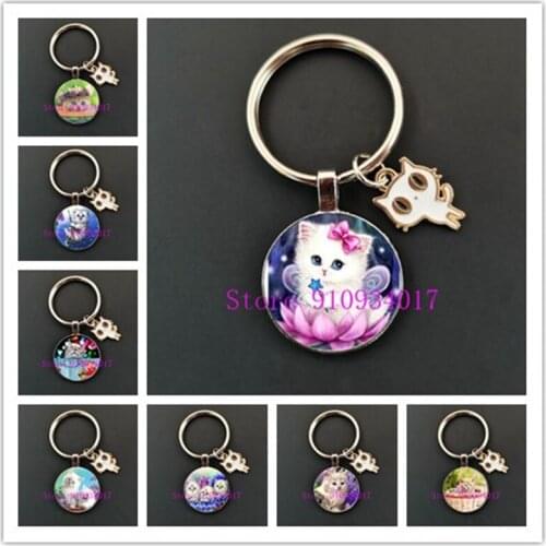 Flower basket cute kitten round glass keychain beautiful white cat pendant key ring decoration white cat round glass keychain