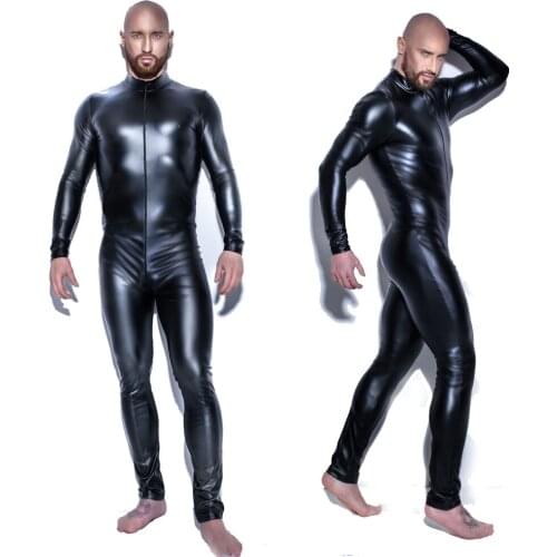 M-XXXL New Black Shiny Patent Leather Jumpsuit Zipper Open Crotch Latex Catsuit Teddy Spandex Bodysuits Clubwear Men