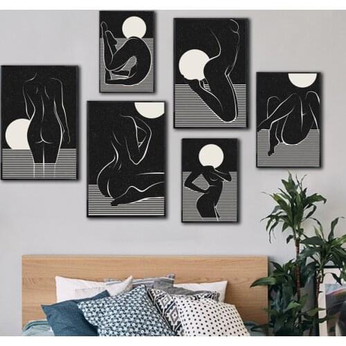 Sexy Girl Abstract Line Moon Star Wall Art Canvas Painting Nordic Posters And Prints Wall Pictures For Living Room Vintage Decor
