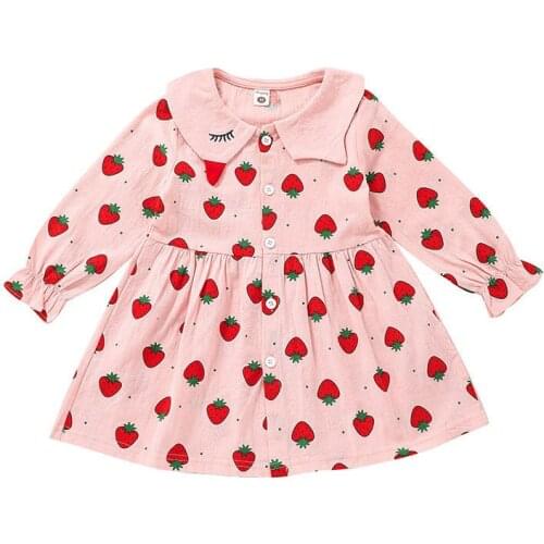 2021 New Child Girls Pink Princess Dress Sweet Strawberry Print A-line Dress Autumn Long Sleeve Kids Clothes 2-7Y