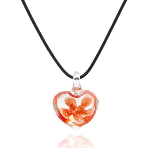 Fashion Heart Shape Art Murano Lampwork Glass Pendant Necklace with Orange Flowers Inside for Women Girls Summer Jewelry