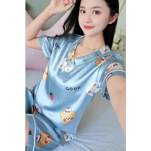 Pajamas Set for Womens Summer New V-neck Silk Korean Loose Sweet Cute Cartoon Short-sleeve Home Wear Cloth Sexy Women Sleepwear