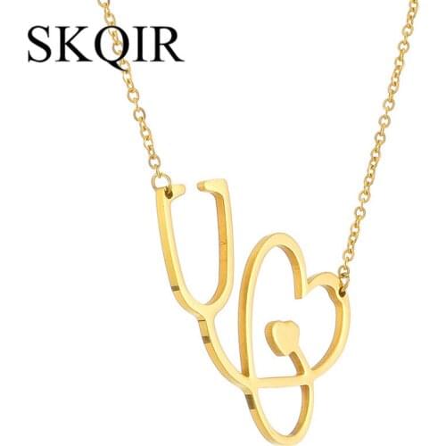SKQIR Gold Stethoscope Pendant Necklace For Women Long Chain Stainless Steel Lariat Necklaces Medical Jewelry For Nurse Doctor
