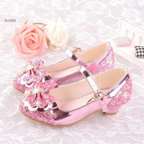 SLYXSH Girls autumn Heel shoes fashion wild bow crystal shoes high-heeled princess single students show childrens shoes