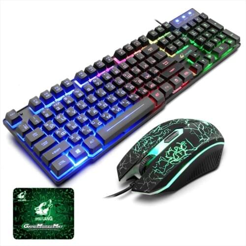 T5 Rainbow Backlight USB Keyboard 104 Keys Ergonomic Gaming English Russian Keyboard and Mouse Set for PC Laptop