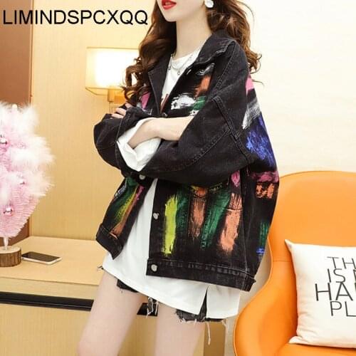 Vintage Oversized Painted Print Frayed Harajuku Washed Denim Coats 2021 Autumn Casual Fashion Jean Jackets Women Mujer Primavera