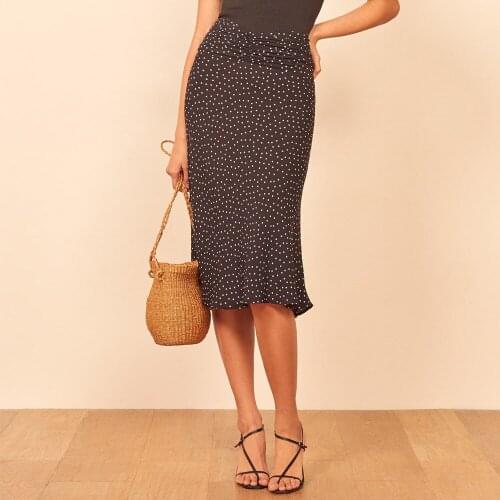 Skirts Womens 2020 New Polka Dot Skirt Women Slim Elegant Office Lady Skirt Zipper-Up Ruched High Waist Knee Length Midi Skirt