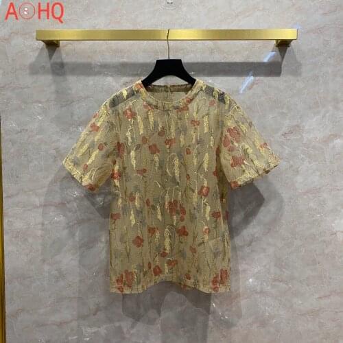 High-End 2021 Summer Fashionable Brand Luxury Net Yarn Embroidery Perspective T-Shirt Women Comfortable Short Sleeve Tee 0416