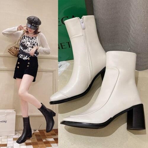 NEW Spring Womens Boots 2021 Mid-Calf Fashion PU Square Toe Thick Bottom Shoes ZIP Leisure Basic Solid Chelsea BootsHee