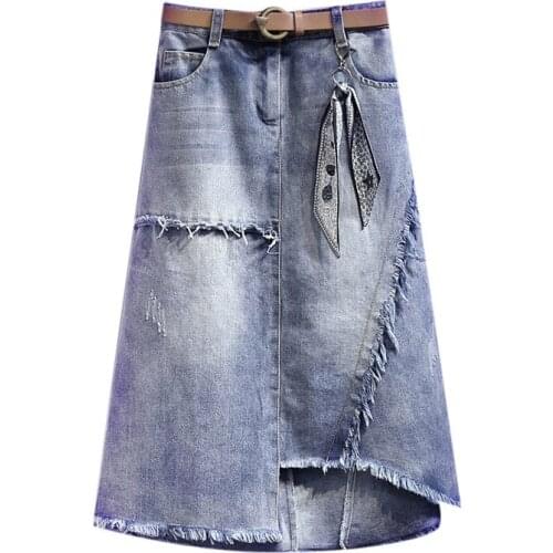 Spring Women Tassel Denim Skirt Fashion Patchwork Asymmetrical High Waist Jeans Skirts