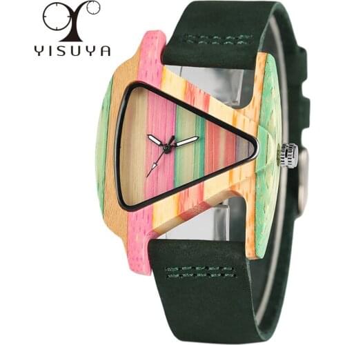 Womens Fashion Wooden Watch Unique Triangle Colorful Dial Creative Handmade Lady Dress Quartz Wristwatch Genuine Leather Gifts