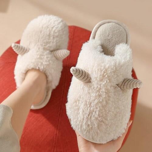Women Slippers Cute OX Horn Warm Plush Couple Winter House Bedroom Furry Shoes Flat Anti Slip Comfort Cotton fur Slides