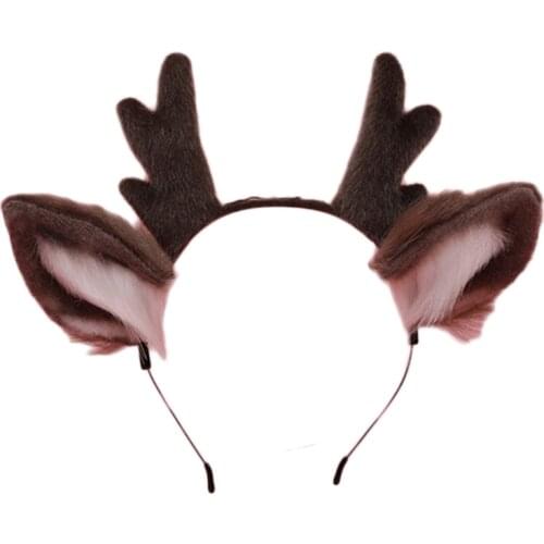 Women Animal Deer Ears Headdress Plush Antler Hairband Furry Headband Anime for Halloween Christmas Cosplay Accessories
