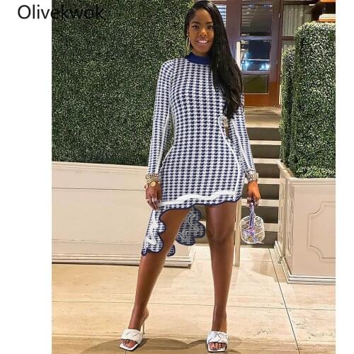 Olovekwok 2021 Autumn Woman Fashion Printing Bird Lattice Casual Half High Collar Asymmetrical Dress