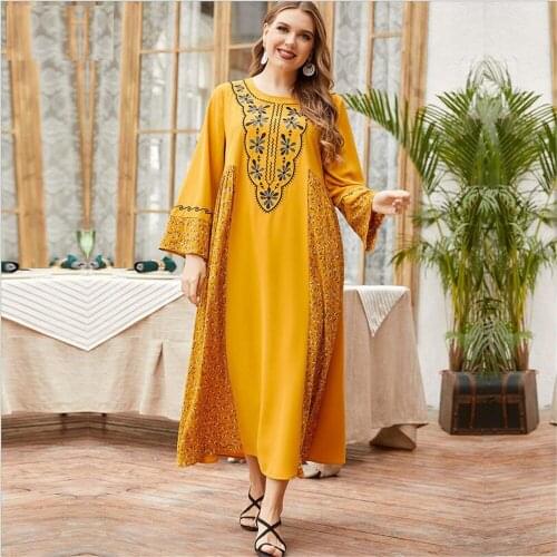 Ethnic Embroidery Abaya Women Plus Size Long Dress Arabic Robe Muslim Kaftan Dubai Turkey Caftan Eid Ramadan Islamic Clothing