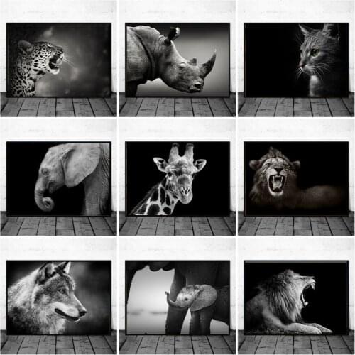 Animal Elephant Horse Lion Black Canvas Painting Poster and Prints Modern Wall Art Pictures for Living Room Home Decoration