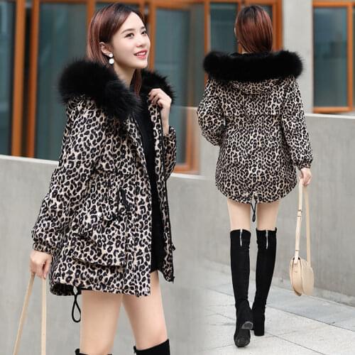 Gold Velvet Parka Padded Jacket Womens Large Fur Collar Winter Jacket Women Mid-Length Plus Velvet Thick Leopard Female Coat