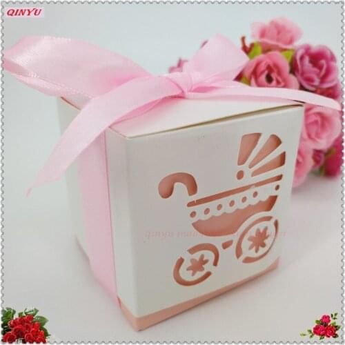 10PCS Baby Cart Shape DIY Paper Wedding Gift Christening Baby Shower Party Favor Boxes Candy Box With Bib Tags & Ribbons 7Z