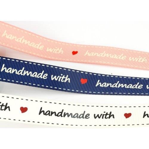 5 Yards Hand Made With Love Polyester Printed Satin Ribbon Webbing Strap 16mm For Sewing Accessories DIY Bow Decorative Gift