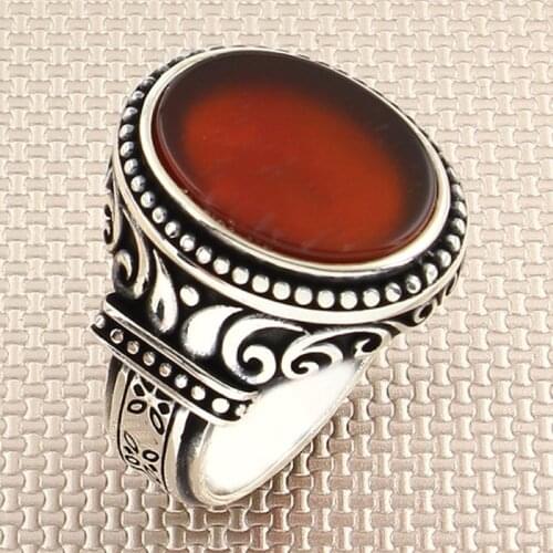 925 Sterling Silver Ring With Stone For Men For Women Red Agate Gemstone Gift For Him Mens Rings Real Pure Silver Handmade