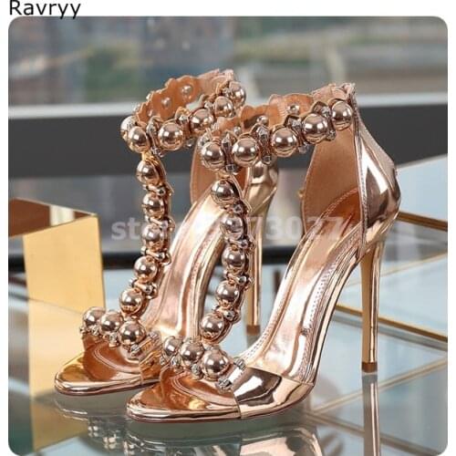 Ankle Strap Sandals Summer woman golden high heel rivets open toe stiletto heel Sexy Pumps cover heel female party dress shoes