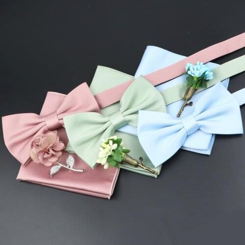Mens Wedding Bow Tie Brooch Set Romantic Solid Color Silk Polyester Jacquard Woven Bowtie Lapel Pin Hanky Men Gifts Accessories