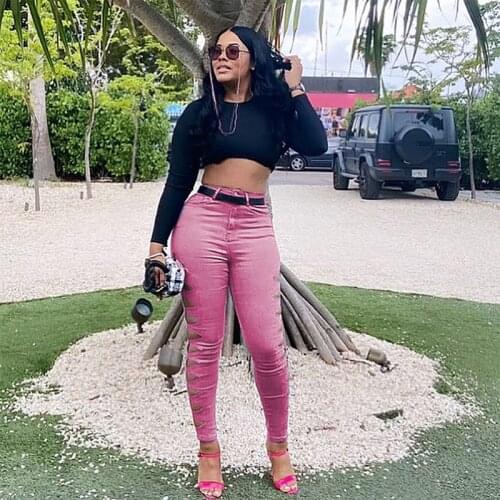 TNNAOFF Hole Elastic Sports Bodycon Jeans for Women Fall Clothing Fashion Solid High Waist Hollow Denim Streetwear Casual Jeans