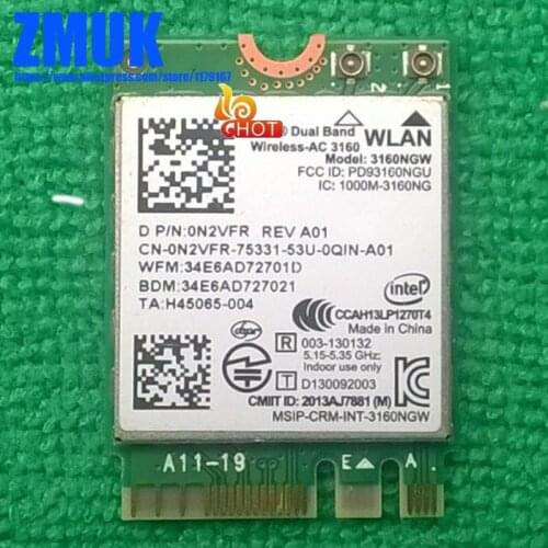 Int Dual Band Wireless-AC 3160 3160NGW 802.11 ac/a/b/g/n + Bluetooth 4.0 M.2 WiFi Card, D P/N: 0N2VFR