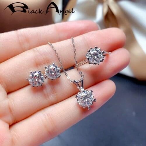 BLACK ANGEL 925 Sterling Silver Wedding Jewelry Set Luxury White Moissanit Gemstone Earrings Necklace Resizable Rings For Women