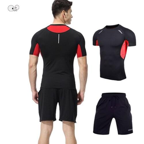 Bodybuilding 2 Pieces Suit Short Sleeve Shirt+Shorts Men Running Set Patchwork Training Tracksuit Quick Dry Gym Fitness Clothing