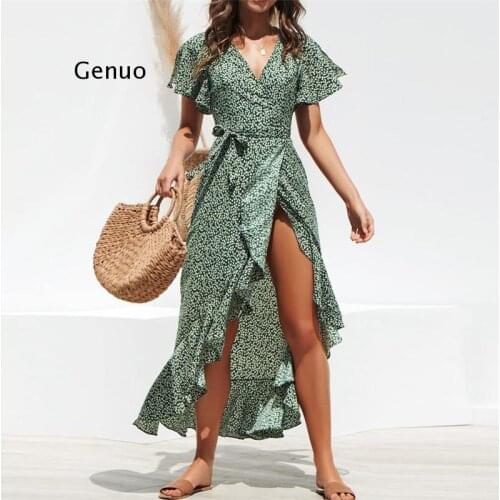 Summer Beach Maxi Dress Women Floral Print Boho Long Chiffon Dress Ruffles Wrap Casual V-Neck Split Sexy Party Dress Robe