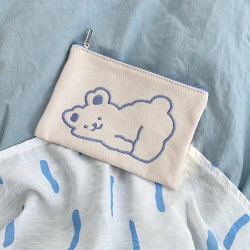 Korean Ins Cartoon Cute Embroidered Bear Pencil Bag Large Capacity Canvas Wallet School Supplies Student Stationery Storage Bag