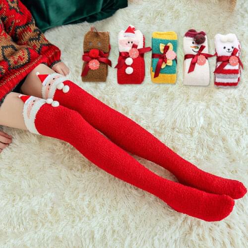 Kawaii Christmas Coral Fleece Long Socks Winter Women Striped Over Knee Socks Sexy Thick Warm Thigh-High Stockings