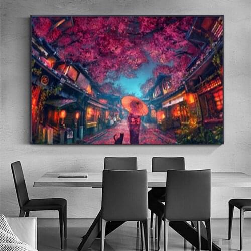 Cartoon of Cherry Blossoms on Canvas Painting and Posters, Art of Photos of Women and Animals In The Living Room In Decora