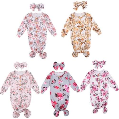 Baby Girls Nightgown Knoted Sleepers with Headband Floral Print Cotton 2 Piece Sleep Set