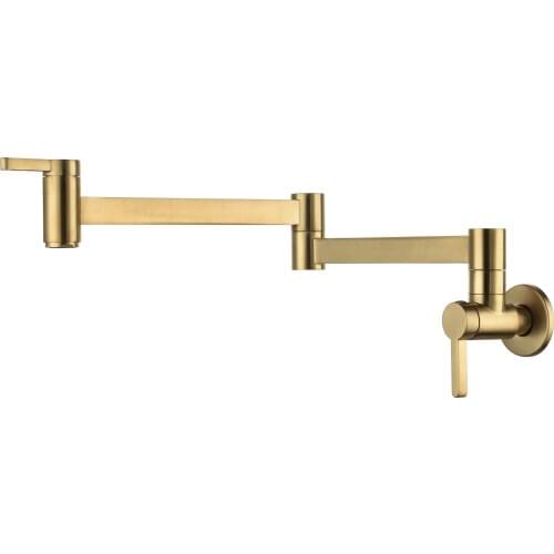 New Brushed Gold Solid Brass Wall Mounted Pot Filler Kitchen Faucet Dual Handles / Joint Spout Kitchen Faucet New Cold water