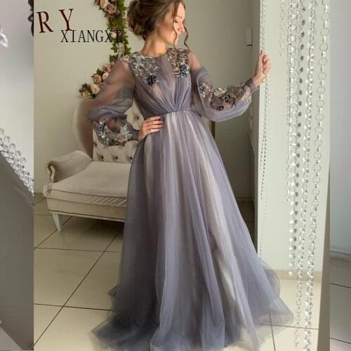 Charming 2020 Grey Evening Dresses Tulle A-Line O-Neck Full Sleeves Lace Appliques Long Evening Dress Formal Party Gowns Vestido