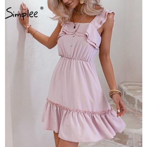 Simplee Ruffle pink retro summer dress women Sleeveless pleated solid A-line short dress Casual holiday fashion sundress vintage