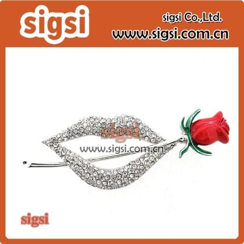 Popular crystal rhinestone lip with rose brooch for valentines day