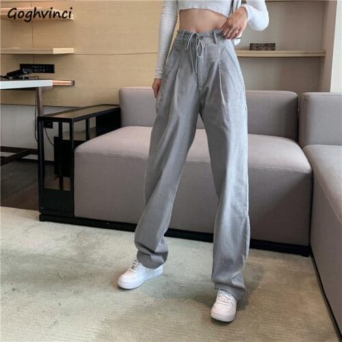 Plus Size Pants Women Summer Casual Loose Bandage Wide Leg Trousers Streetwear Korean Style High Waist All-match Retros Office