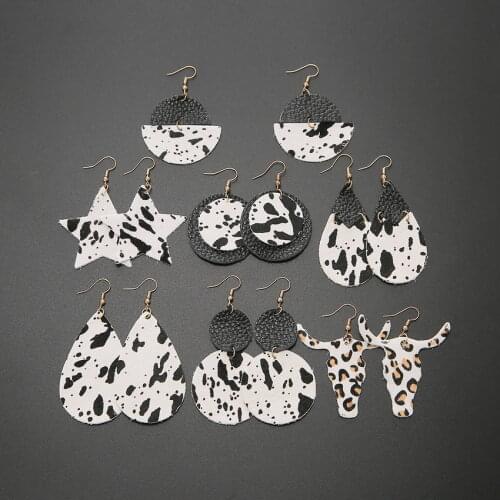 Cow Printed Genuine Fur Leather Teardrop Earrings Tauren Geometric Star Double Round Spot Earrings Wholesale