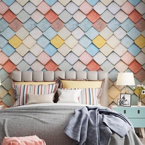 Nordic European Geometric Colorful lattice Wallpaper Ins Non Woven Warm Grid Wallpaper for Bedroom TV Background Walls Mural