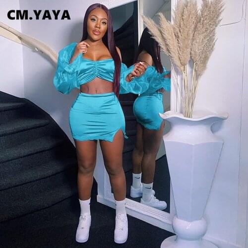 CM.YAYA Women Set Solid Full Puff Sleeve Stracked Crop Tops Mini Skirts Two 2 Piece Sets Sexy Fashion Streetwear Summer Outfits