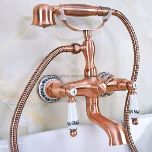 Bathroom Antique Red Copper Clawfoot Bathtub Faucet Wall Mounted Double Handle Tub Faucet With Handheld Showers Nna331
