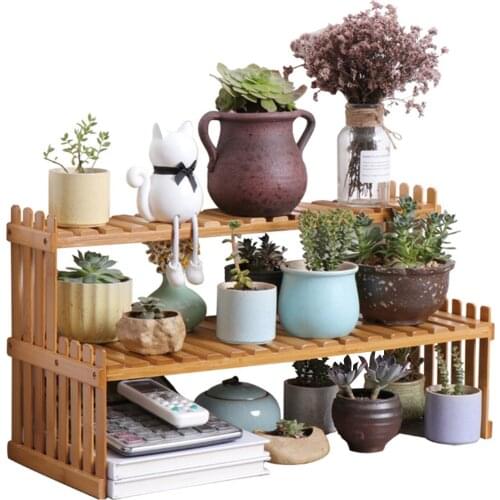 Countertop Bamboo Plant Shelf 2-Tier Bamboo Flower Pot Stand Balcony Flower Rack Cabinet Organizer DIY Desktop Storage Rack