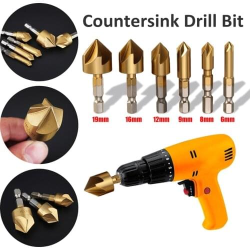 6pcs 5 Flutes HSS Countersink Chamfer Drill Bit 1/4" Hex Shank Titanium Coated Woodworking Core Dril Bit Power Tool Accessories