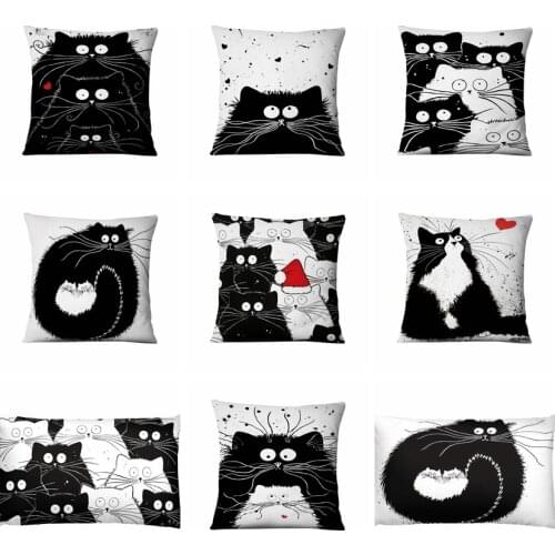 Home Pillow Decoration Black And White Cat Printed Cushion Decorative Pillow Pencil Illustration Home Decor Sofa Throw Pillows