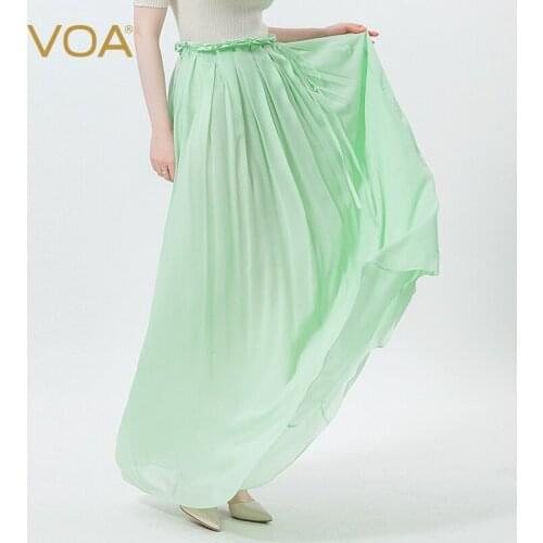 VOA 100% Silk Georgette Green Skirt Natural Waist Fold Side Invisible Zipper Literary Double Woman Skirts Fashion Clothing CE85